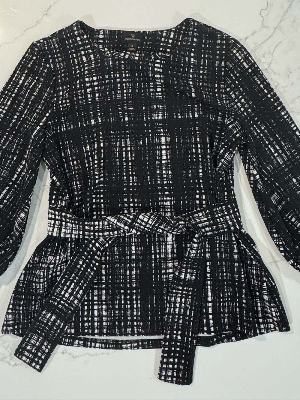 Worthington Black and White Plaid Tie-Waist Peplum Blouse